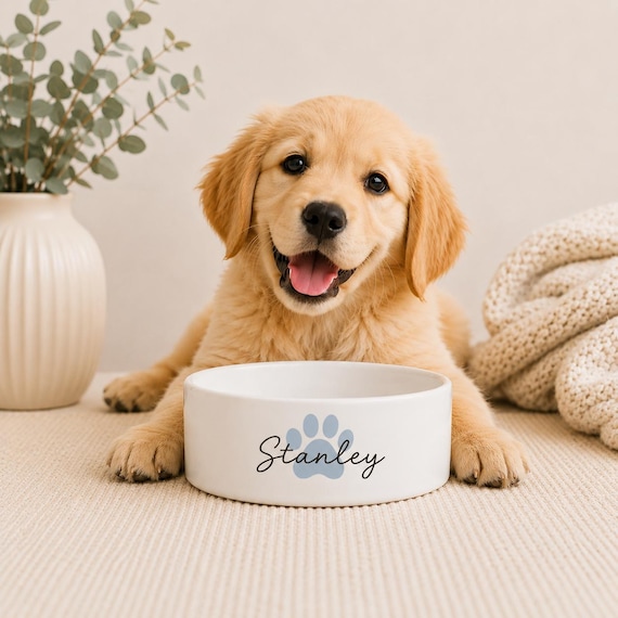 Personalized Ceramic Dog Bowl | Custom Pet Bowl with Paw Print | Minimalist Dog Bowl