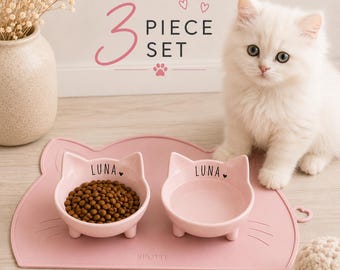 Personalized Cat Bowl Set – Cute Food & Water Dish with Silicone Mat, Custom Pet Bowl, Whisker Friendly, Non-Slip Cat Bowl, Cat Gift