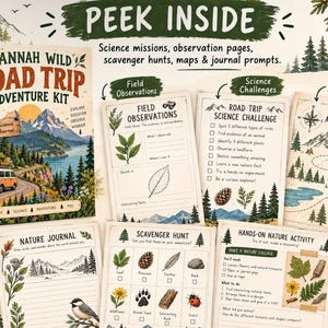 Pode incluir: Um kit de aventura Hannah Wild Road Trip com uma capa de livro apresentando uma van e paisagem montanhosa, ao lado de p&aacute;ginas de atividades imprim&iacute;veis incluindo observa&ccedil;&otilde;es de campo, desafios cient&iacute;ficos, mapas e di&aacute;rios.