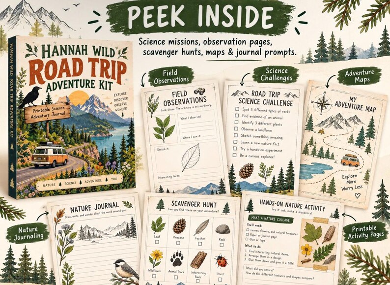 Pode incluir: Um kit de aventura Hannah Wild Road Trip com uma capa de livro apresentando uma van e paisagem montanhosa, ao lado de p&aacute;ginas de atividades imprim&iacute;veis incluindo observa&ccedil;&otilde;es de campo, desafios cient&iacute;ficos, mapas e di&aacute;rios.