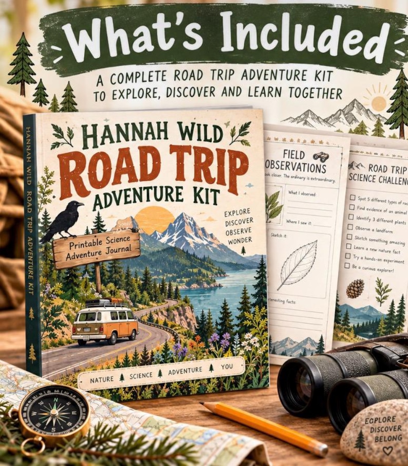 Pode incluir: Um kit de aventura Hannah Wild Road Trip com um di&aacute;rio cient&iacute;fico imprim&iacute;vel com capa de paisagem montanhosa, uma b&uacute;ssola, um l&aacute;pis amarelo, bin&oacute;culos e uma pedra com o texto Explore Discover Belong sobre um mapa.