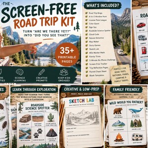 Pode incluir: Um kit de atividades imprim&iacute;vel para viagens de carro com mais de 35 p&aacute;ginas de jogos, atividades de natureza e desafios cient&iacute;ficos. Inclui uma cartela de bingo de viagem, uma lista de detetive da natureza e folhas de reflex&atilde;o.