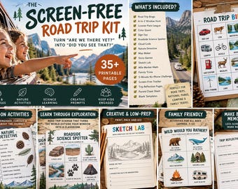 Kit de actividades para viajes por carretera sin pantallas para niños / 35 páginas imprimibles de juegos de viaje y actividades en la naturaleza