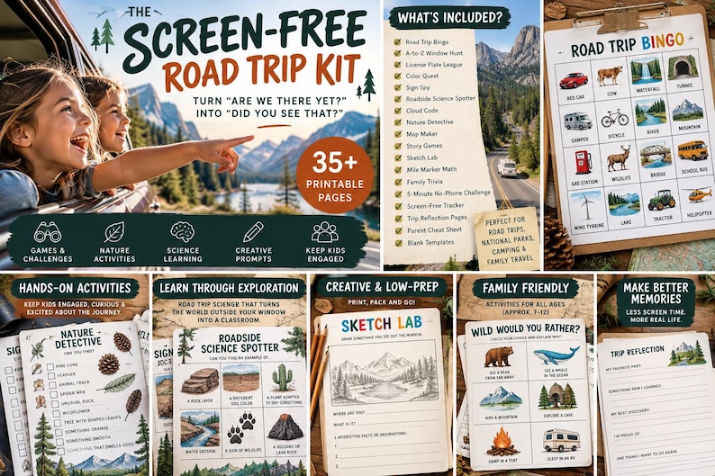 Pode incluir: Um kit de atividades imprim&iacute;vel para viagens de carro com mais de 35 p&aacute;ginas de jogos, atividades de natureza e desafios cient&iacute;ficos. Inclui uma cartela de bingo de viagem, uma lista de detetive da natureza e folhas de reflex&atilde;o.