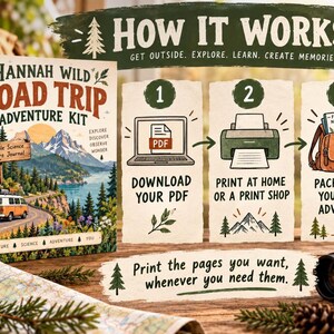 Pode incluir: Um kit de aventura Hannah Wild Road Trip com um livro de capa com paisagem montanhosa, um guia de tr&ecirc;s passos para baixar e imprimir PDFs e o texto How It Works, Get Outside, Explore, Learn, Create Memories.