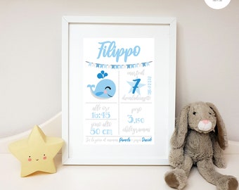 Quadretto nascita personalizzato da stampare - idea regalo nascita -poster nascita bimbo - quadro nascita - balena - whale