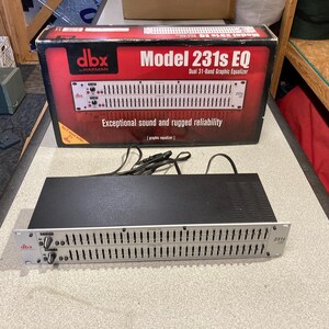 May include: A black and silver dbx Model 231s dual 31-band graphic equalizer with a power cord, positioned in front of its original retail box. The box features the text Model 231s EQ, Dual 31-Band Graphic Equalizer, and Exceptional sound and rugged reliability.