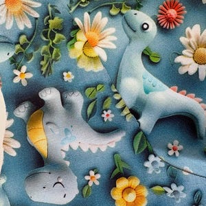 May include: A blue fabric featuring a pattern of light blue dinosaurs, white and yellow daisies, and green leaves. The dinosaurs have pink spines and are in various poses. The background is a light blue.