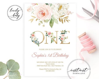 Editable Birthday Invitation Template, Girls 1st Birthday Invite | Blush Pink Floral, Gold, ONE | Printable Girls Birthday Party Invite