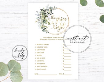 Baby Shower Game, The Price Is Right | Greenery Gold, Botanical Eucalyptus | Printable, Gender Neutral Baby Shower Activities, Ideas DIYGGR