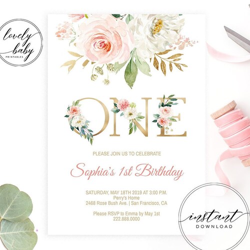 Printable 1st Birthday Invitation Girl Birthday Invite Etsy