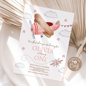 Airplane First Birthday Invitation Editable Baby Girl 1st Birthday Invite Jet Pilot Birthday Party Invite Pink Airplane Printable Digital