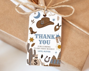 Printable Birthday Favors, Editable Gift Tags | First Rodeo, Cowboy Hat, Wild West | Boys Birthday Party Decor, Printable Thank You Tag MFB