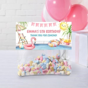 Leckerlibeutel Topper, Candy Bag Bevorzugungen | Splish Splash Geburtstagsfeier, Strand, Pool-Party-Sommer | Druckbare Mädchen-Geburtstags-Party Dekor-Ideen PPT