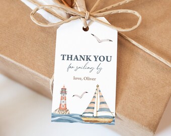 Printable Birthday Favors, Gift Tags | Nautical, Sailboat, Our Little Sailor | Boys 1st Birthday Party Decor, Editable Thank You Tags NAU