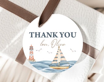 Editable Round Favor Tags, Birthday Gift Tags Stickers | Nautical, Sailboat, Our Little Sailor | Printable Boys 1st Birthday Party Decor NAU
