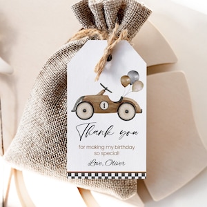 Editable Favor Tag Boys 1st Birthday Gift Tags | Retro Race Car, Fast ONE Racing Car | Boy Birthday Party Favors Printable Thank You Tag RC3