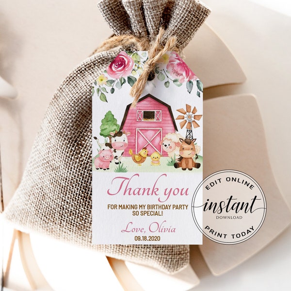 Printable Birthday Thank you Tags Editable Birthday Favors Floral Gift Tags Barnyard 1st Birthday Farm Animals Birthday Decor Favours DIYFA