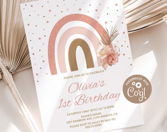 Rainbow Birthday Invitation, Girls 1st Birthday Invite | Modern Boho Rainbow, Pink Floral | Printable First Birthday Party Invite Template