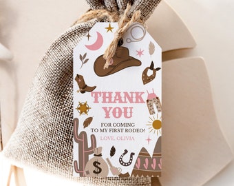 Printable Birthday Favors, Editable Gift Tags | First Rodeo, Cowgirl, Wild West | Girl 1st Birthday Party Decor, Printable Thank You Tag MFG