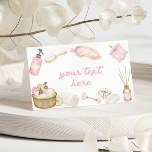 Carte per tende da cibo, biglietti da visita stampabili, segnaposto, etichette per alimenti / festa spa, festa coccole, festa trucco glamour / decorazioni per feste di compleanno per ragazze MKP