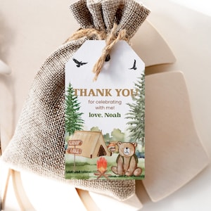Printable Birthday Favors, Gift Tags | One Happy Camper, Tent, Woodland, Bear | Boys First Birthday Party Decor, Printable Thank You Tag OHT