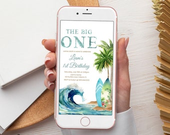 The Big ONE Birthday Invitation, Surfing Boys 1st Birthday Party Evite | Surf Wave, Beach, Surfboard | Electronic, Digital, Smartphone