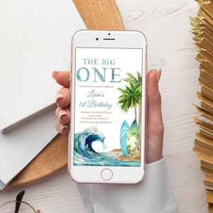The Big ONE Birthday Invitation, Surfing Boys 1st Birthday Party Evite | Surf Wave, Beach, Surfboard | Electronic, Digital, Smartphone