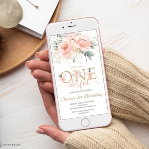Blush Pink Floral Birthday Evite Editable Birthday Invitation Template Little Miss Onederful Baby Girl 1st Birthday | Digital Electronic DIY