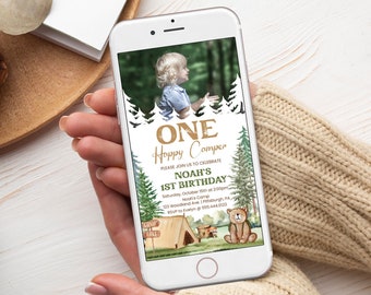 One Happy Camper Birthday Invitation, Boys Birthday Evite | Camping Tent, Woodland | Digital Boys Photo Birthday Invite Phone Electronic OHT