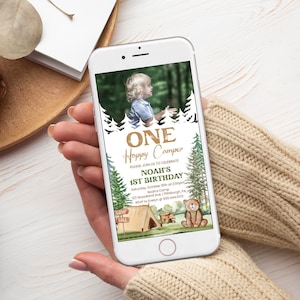 One Happy Camper Birthday Invitation, Boys Birthday Evite | Camping Tent, Woodland | Digital Boys Photo Birthday Invite Phone Electronic OHT