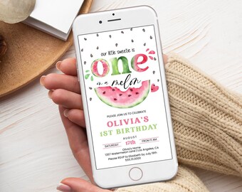 Watermelon 1st Birthday Invitation, Girls 1st Birthday Evite | One In A Melon, Summer | Digital Girl Birthday Party Invite, Phone Electronic