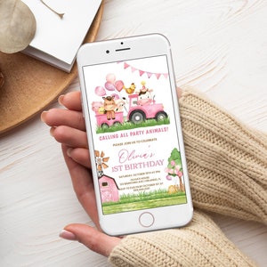Farm Birthday Invitation, Girls 1st Birthday Evite | Farm Animals, Barnyard, Ranch | Digital Girl First Birthday Invite Phone Electronic FA1