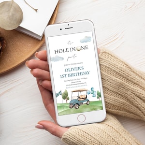 Zaproszenie na urodziny chłopca, pierwsze urodziny | Hole In One, wózek golfowy, golfowy par Tee | Zaproszenie na pierwsze urodziny ze zdjęciem, telefon, elektroniczny HIO