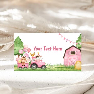 Cartes de tente de nourriture d'anniversaire, cartes de visite imprimables, marque-places, étiquettes alimentaires | animaux de la ferme, basse-cour, ranch | Filles 1er Anniversaire Décoration FA1