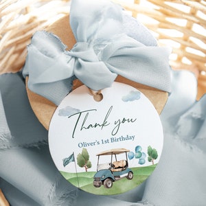 Editable Round Favor Tags, Birthday Gift Tags, Stickers | Hole In One, Golf Cart, Golfing Par Tee | Printable Boys Birthday Party Decor HIO