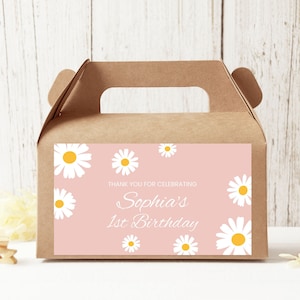 Printable Birthday Gable Box Label Retro Daisy Gable Gift Box Sticker Pink Daisy Baby Girl 1st Birthday Decoration Editable Party Favor RD1