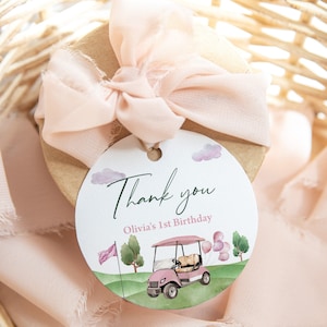 Editable Round Favor Tags, Birthday Gift Tags, Stickers | Hole In One, Golf Cart, Golfing Par Tee | Printable Girls Birthday Party Decor HIG