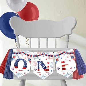 High Chair Banner, 1st Birthday ONE Banner | Patriotic, 4th of July, Red White & Blue | Printable Birthday Decor Ideas, Instant Download RWB