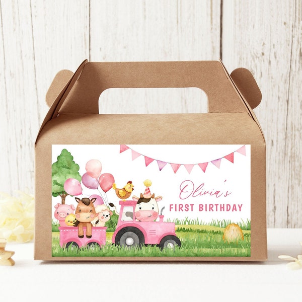 Gable Box Label, Gable Gift Box Sticker | Farm Animals, Barnyard, Ranch  | Printable Girls 1st Birthday Favors Editable Party Decoration FA1
