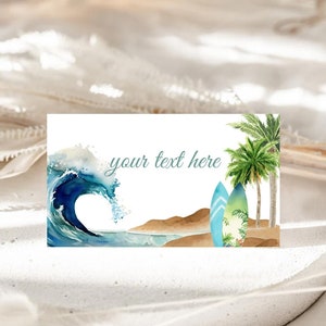 Cartões de barraca de comida de aniversário, cartões de nome/lugar para impressão, rótulos de alimentos | The Big ONE, Surf Wave, Praia, Prancha de Surf | Decoração de 1º aniversário de menino TBO