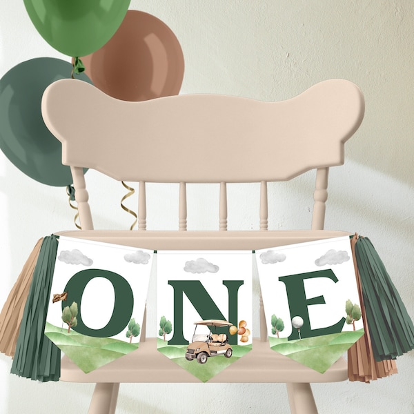 High Chair Banner, 1st Birthday ONE Banner | Hole In One, Golf Cart, Golfing Par Tee | Printable First Birthday Party Decorations, Ideas HIN