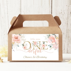 Giebel Box Label, Giebel Geschenkkarton Aufkleber | Fräulein ONEderful, Blush rosa floral | Druckbare Mädchen 1. Geburtstag Gastgeschenke, bearbeitbares Party Dekor NW1