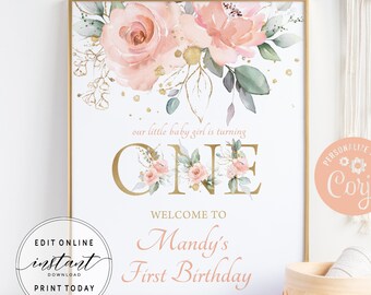 Letrero de bienvenida floral bohemio imprimible, plantilla editable para letrero de cumpleaños, decoración de mesa para primer cumpleaños en rosa ruborizado y dorado NW1
