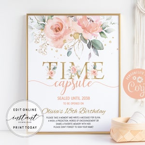 Bewerkbare tijdcapsule teken afdrukbare eerste verjaardag tijdcapsule kaart Blush roze bloemen verjaardag decor 1e verjaardag activiteiten ideeën DIY NW1