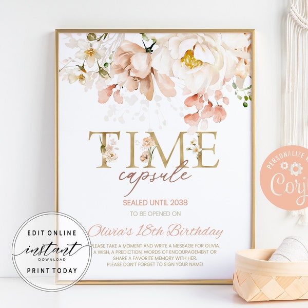 Blush Floral Time Capsule Sign Printable Time Capsule Card Editable Template Boho Birthday Party Decor Ideas First Birthday Keepsakes DIYBF