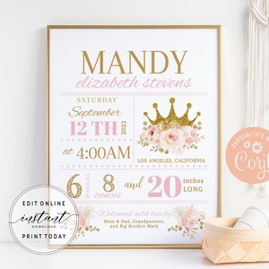 Cartel de anuncio de nacimiento imprimible Estadísticas de nacimiento editables Plantilla de signo Estadísticas de recién nacidos Pequeña princesa Floral Baby Girl Nursery Decor DIYPRI