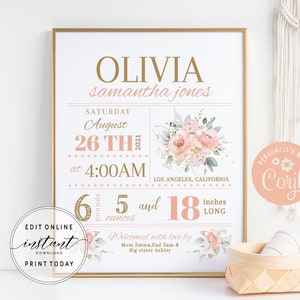 Blush Floral Birth Stats Sign Imprimable Naissance Annonce Affiche Nouveau-né Stats Sign Custom Nursery Wall Art Decor DIY Editable Template NW1
