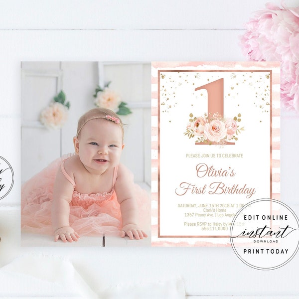 Girls First Birthday Invitation, 1st Birthday Party Invite | Blush Pink Floral, Rose Gold | Printable, Editable Template, Instant Download