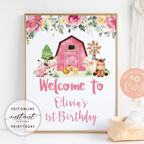 Birthday Welcome Sign, Poster | Farm Animals, Barnyard, Ranch | Printable First Birthday Party Decorations Ideas, Editable Template DIYFA